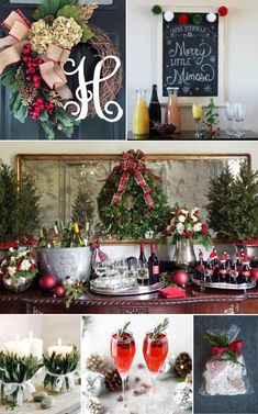 a collage of christmas decorations and wine glasses