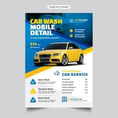 a car wash flyer with a yellow car on the front and blue back, it's ready to be used for advertising