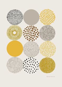 an image of different circles in yellow and grey colors on a white background with black dots