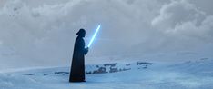 a person standing in the snow holding a light saber