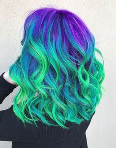 Hair Color Green Blue, Purple With Green Hair, Multicolor Blue Hair, Purple Green And Blue Hair, Purple And Green Hair Color, Neon Blue Hair Color, Mermaid Hair Dye, Purple To Green Hair, Purple Green Blue Hair