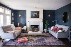 a living room with two couches and a fire place in it's center