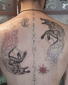 the back of a man's upper body with tattoos on his left and right side