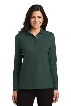 Port Authority ® Ladies Silk Touch™ Long Sleeve Polo. L500LS - DARK GREEN - XXL | Port Authority Women's Silk Touch Long Sleeve Polo Shirt in Dark Green Size XXL | Cotton/Polyester Blend Polo Long Sleeve, Silk Touch, Port Authority, Style Looks, Work Wear Women, Long Sleeve Polo Shirt, Polo Shirt Women, Woven Dress, Long Sleeve Polo