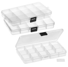 two plastic storage boxes with dividers on each side and one open, the other closed