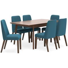 a wooden table with blue chairs around it