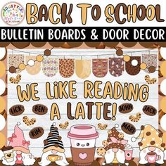 back to school bulletin board and door decor with teddy bears, coffee cups, cookies and pretzels