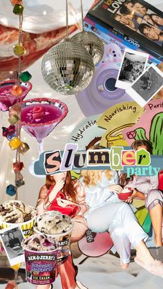 a collage of photos with the words summer party on it and various items hanging from them