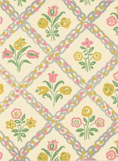 an old wallpaper with flowers and chains on the front, in pastel colors