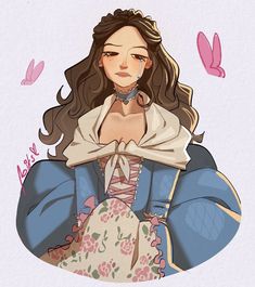 a drawing of a woman with long hair wearing a blue jacket and pink flowers on her dress