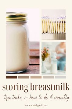 a jar filled with milk sitting on top of a table next to other foods and drinks