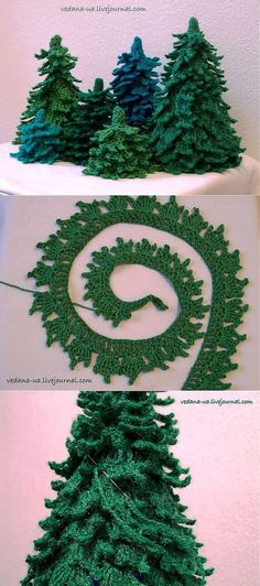 crocheted christmas trees are shown in green and white, as well as the top one