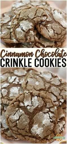 two pictures of chocolate crinkle cookies with the words, cinnamon chocolate crinkle cookies