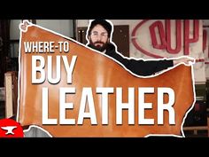 a man holding up a sign that says where to buy leather in front of him