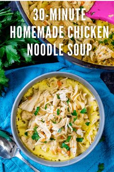 chicken noodle soup in a bowl with parsley on the side and text overlay that reads 30 - minute homemade chicken noodle soup