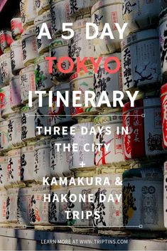 cans stacked on top of each other with the words 5 day tokyo itinerary