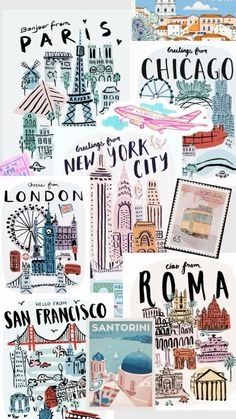 the collage is made up of many different cities and their name written in black ink