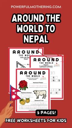 a red background with the words around the world to nepal on it, and three workshee