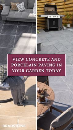 a series of photos with the words view concrete and porcelain paving in your garden today