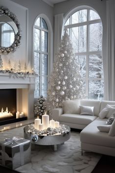 a living room filled with white furniture and a christmas tree in the middle of it