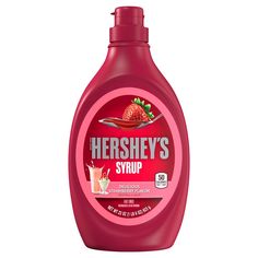 hershey's syrup with strawberries on the top and smoothie in the bottom