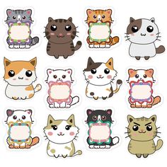 a bunch of cats with different expressions on their face and body, all in different colors