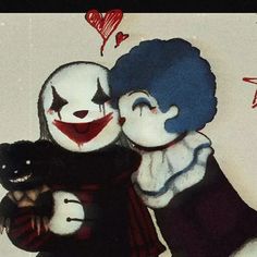 two creepy clowns hugging each other with hearts on the wall in the back ground