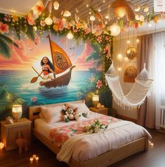 a bedroom decorated with flowers, lights and a painting on the wall above the bed