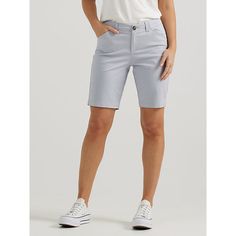 Our 9-inch Regular Fit Chino Bermuda shorts are a simple, straight-legged staple that make summer outfits look chic, whether you're on vacation or stay-cation. 98% Cotton, 2% Spandex. Material Grey. 16 W / 9 Inches (M). Stretch Bermuda Shorts For Summer Workwear, Lady Riders, On Vacation, Look Chic, Vintage Jeans, Above The Knee, Women's Shorts, Bermuda Shorts, New Color