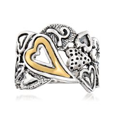 Ross-Simons - Sterling Silver and 14kt Yellow Gold Openwork Heart Ring Size 6. This ring shows that love is a work of art. Free-form hearts are assembled in a collage of textured and polished oxidized sterling silver with 14kt yellow gold. 5/8" wide. 14kt yellow gold and sterling silver openwork heart ring. Top Selling Jewelry, Jewelry Presentation, Heart Collage, Pretty Pendant, Classic Engagement Rings, Cz Jewelry, 24kt Gold, A Collage, Gemstone Engagement Rings