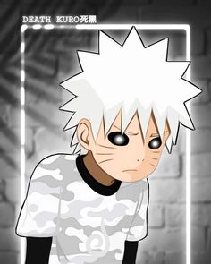 an anime character with white hair and black eyes, standing in front of a brick wall