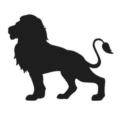 a black and white silhouette of a lion with its tail curled up in the wind