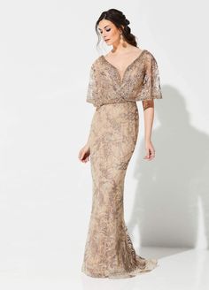 Ivonne D for Mon Cheri - 219D72W Embroidered Deep V-neck Sheath Dress Mother Gown, Mog Dresses, Horsehair Hem, Bride Gown, Bride Outfits, Embroidered Kimono, Flare Gown, Proposal Box, Kimono Sleeves