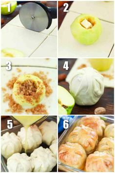 the steps to making apple dumplings are shown