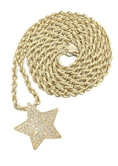 14k yellow gold diamond star pendant & rope chain which comes in 1 Inches in length and 1 Inches in width. The pendant weights appx 4.7 grams has 1.65 Carats of Vs quality diamonds. The chain options include a gold cuban chain, franco or rope with a width of 3mm's and the length can be selected to any preference.  -100% REAL GOLD -LIFETIME WARRANTY -LIFETIME MAINTENANCE -LIFETIME UPGRADE -15 DAY MONEY BACK GUARANTEE -FREE SHIPPING -FINANCING AVAILABLE Gold Cuban Chain, Xo Jewelry, Diamond Star Necklace, Gold Earrings For Men, Mens Diamond Bracelet, Gold Watches Women, Silver Chain For Men, Mens Gold Rings, Mens Bracelet Silver