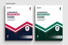 two business brochures are shown on the same page, each with different colors and shapes