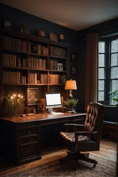 a desk with a chair, lamp and bookshelf in the corner near a window