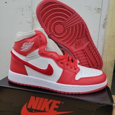 Size 7-13 Red Nike Jordan Shoes With Round Toe, Nike Jordan Shoes In Red With Cushioned Footbed, Red Nike Jordan Shoes With Cushioned Footbed, Nike Red, Women Sneakers, Shoes Brand, Box Color, Shoe Brands, The Box