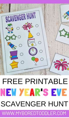 a printable new year's eve scavenger hunt for kids with the text, free printable new years eve scavenger hunt