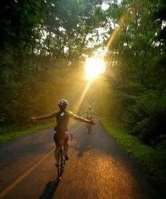 a person riding a bike down a road with the sun shining through trees in the background