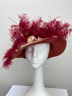 New women's Renaissance Medieval Elizabethan Victorian royal salmon heavy brocade brim hat cap. This stunning gold braid trimmed brim hat is embellished with burgundy feather clusters secured with a gold broach. Fully lined.  Brim is 2 3/4" wide secured by a gold cord. Great for your next theme party, stage production or Renaissance Faire. Sales final. New not worn. Round Crown Costume Hats For Carnival, Carnival Costume Hat With Round Crown, Adjustable Curved Brim Costume Hats For Carnival, Wide Brim Hat For Carnival Costume Party, Curved Brim Costume Hats For Carnival Party, Fitted Hat For Costume And Carnival, Fitted Hats For Costume At Carnival, Fitted Hat For Carnival Costume, Costume Wide Brim Hat With Adjustable Fit