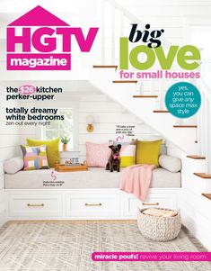 the cover of hgtv magazine with a dog sitting on a couch in front of stairs