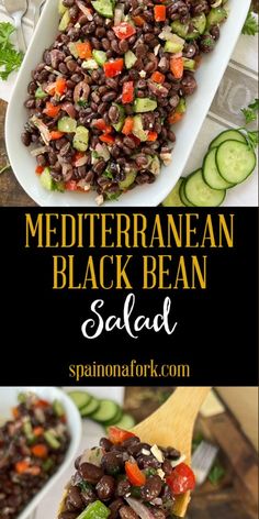 black bean salad with cucumbers and tomatoes in a white bowl