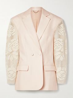 The crocheted cotton sleeves on Magda Butrym's blazer are made using traditional Polish techniques from Koniakow. Cut from grain de poudre silk, it has notch lapels and an elegant double-breasted front. The padded shoulders and adjustable waist tab create a subtle hourglass shape. Polish Crochet, Hourglass Blazer, Lace Blazer, Blazer Beige, Magda Butrym, Exclusive Dress, Oversized Blazer, Cotton Crochet, Crochet Fashion