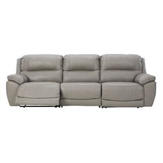 a grey leather reclining sofa on a white background