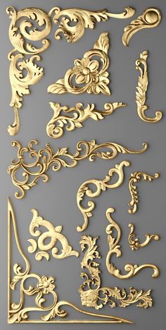 some gold decorative elements on a gray background, including an ornate frame and scroll design