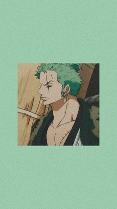 an anime character with green hair and piercings on his head, staring at something