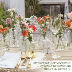 a table topped with lots of vases filled with flowers