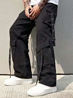 Black  Collar  Denim Plain Wide Leg Embellished Non-Stretch  Men Clothing Alt Style Men, Black Punk Cargo Jeans With Pockets, Black Punk Jeans With Pockets, Vintage Street Style Men, Black Skater Boys, Skater Boy Jeans, Black Techwear Jeans With Multiple Pockets, Baggy Punk-style Pants