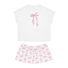 We are loving our latest pink bow coquette pajama set! These cute balletcore pajamas are so great as gifts or everyday! They would even be great for bridesmaids or a bachelorette party! D E T A I L S * Material: 95% polyester, 5% spandex * Relaxed fit S I Z I N G * Sizing runs true to size * Please see size guide in last listing photo for all measurements and information S H I P P I N G * T I M E S * Our items are individually made with love for each of our buyers. Processing time is 2-5 busines Matching Boyfriend Girlfriend Christmas Pajamas, H&m Pajamas, Pajamas Set Aesthetic, Satin Pjs Aesthetic, Cute Pajama Sets For Women, Pink Bow Outfit, Cute Pyjama Sets, Coquette Pjs, Bow Pajamas